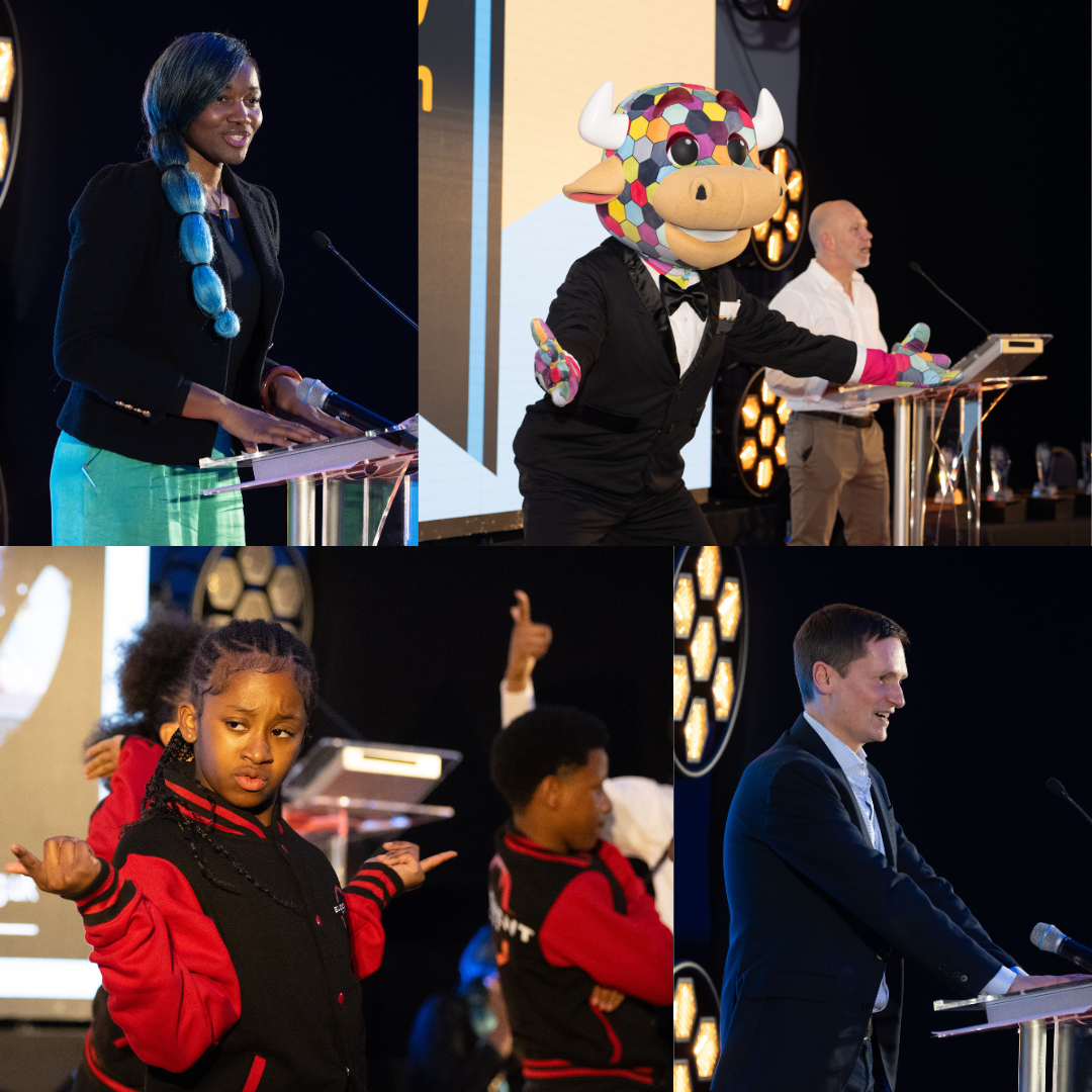 collage of host Ama Agbeze (top left), Eloquent Dance (bottom left), Mike Chamberlain & Perry the Bull (top right) and Mark Taylor (bottom right)